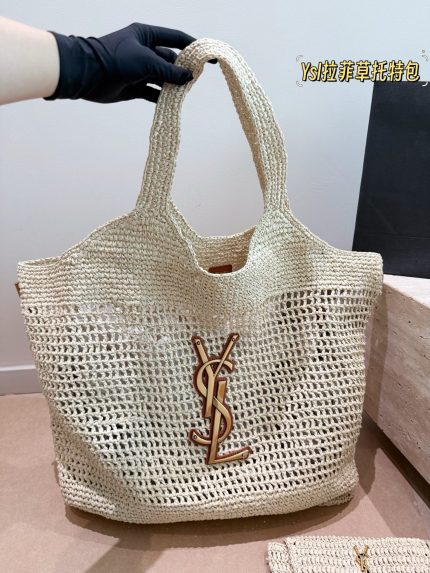 YSL beach raffia bag tote size ：46X36cm